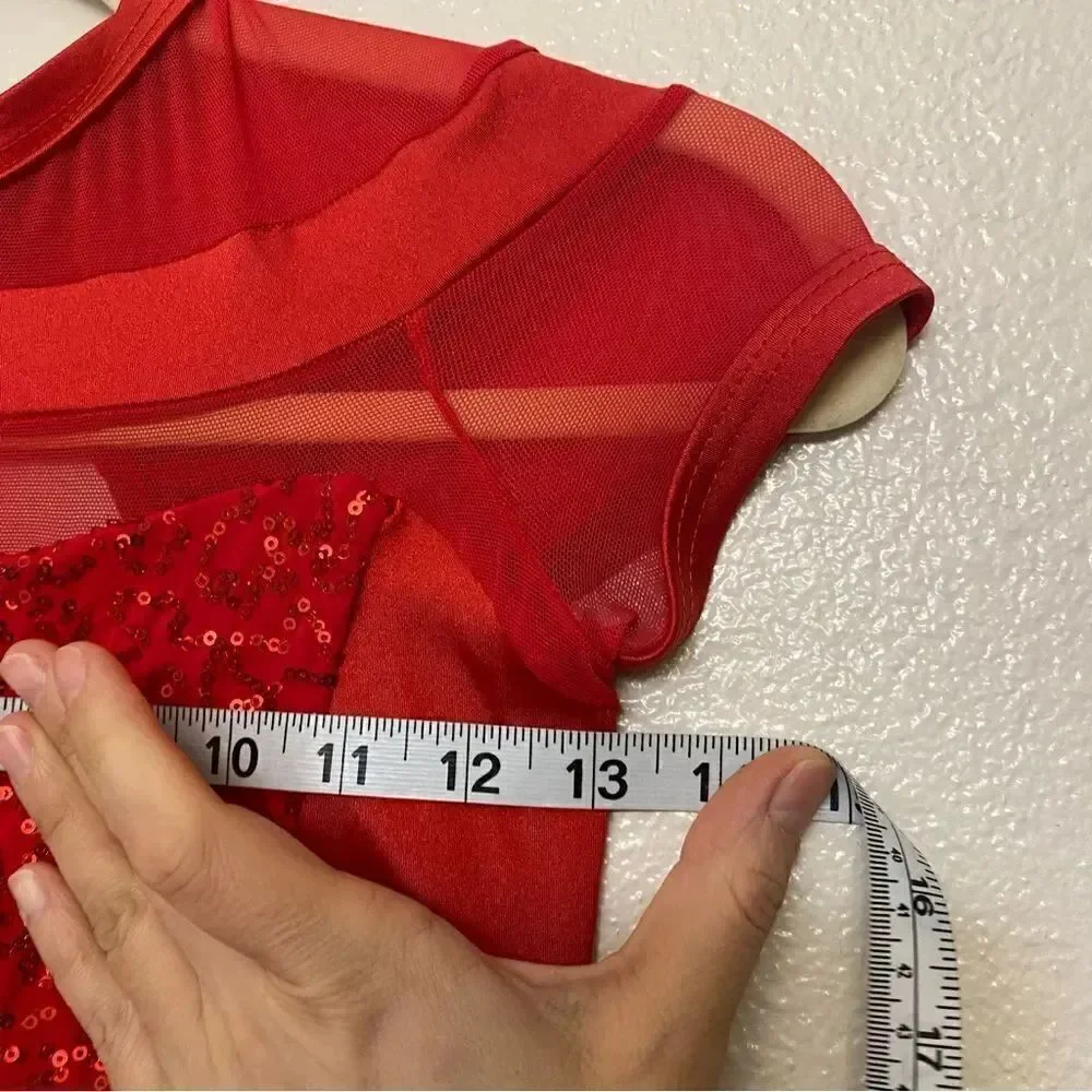 WEISSMAN Dance Costume red sequin mesh dress PLAY THAT SAX 11075 -Adult SA